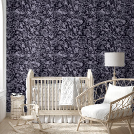 Moody Monochrome Diep Navy Blauw Bloemen Patroon Behang