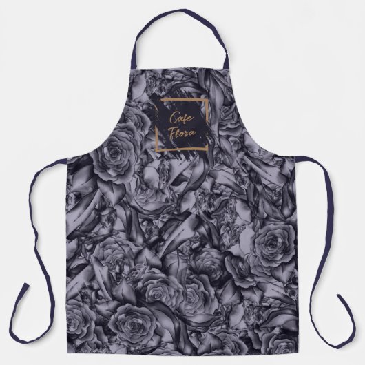 Moody Monochrome Diep Navy Blauw Bloemen Patroon Schort (Voorkant)