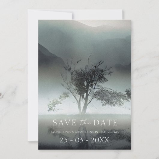 Moody Mountain Donker Esthetische Woodland bruilof Save The Date (Voorkant)