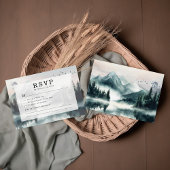Moody Mountain Forest Lakeside Wedding RSVP Kaart