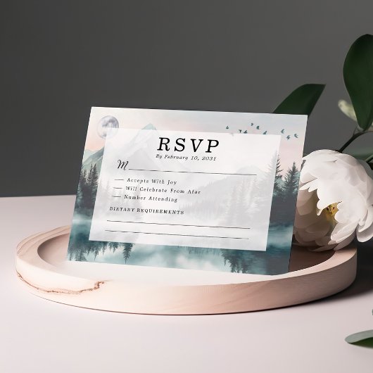Moody Mountain Forest Lakeside Wedding RSVP Kaart