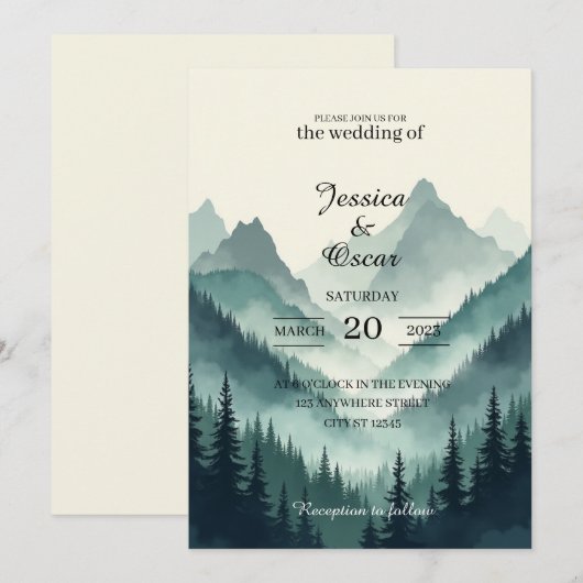 Moody Mountain Forest Wedding Invitation Kaart (Voorkant / Achterkant)