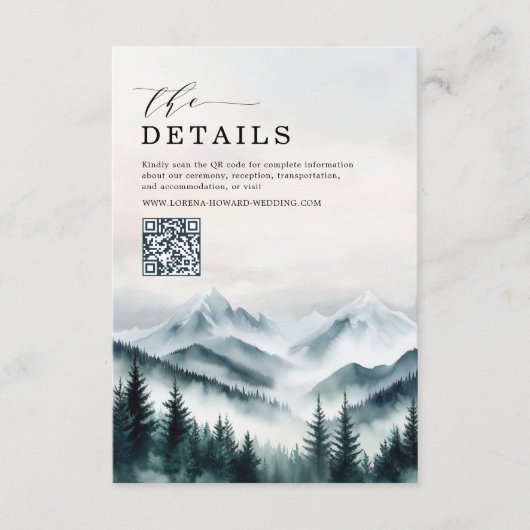 Moody Mountains Forest Wedding Details QR-code Informatiekaartje (Voorkant)