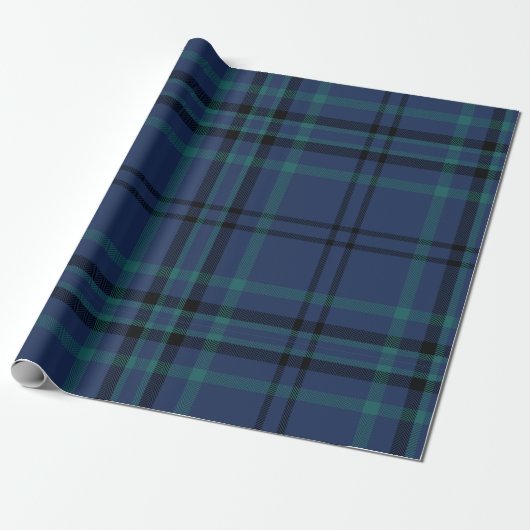 Moody Navy and Teal Dark Tartan Christmas Cadeaupapier (Uitgerold)