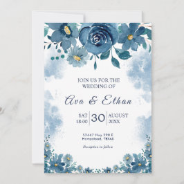 Moody Navy Blue Smoke Floral Invitation Kaart