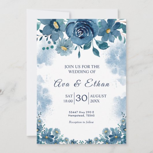 Moody Navy Blue Smoke Floral Invitation Kaart (Voorkant)