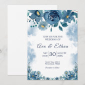 Moody Navy Blue Smoke Floral Invitation Kaart (Voorkant / Achterkant)