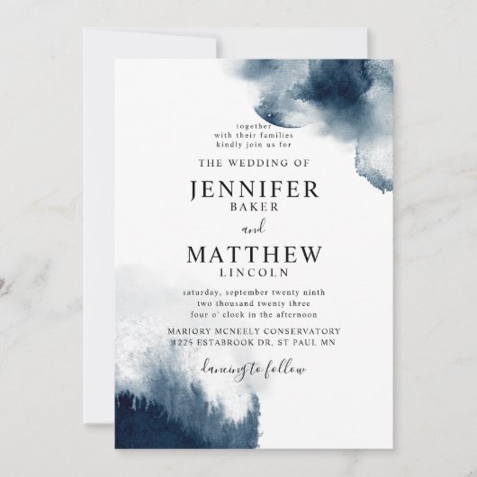 Moody Navy Blue Waterverf Wedding Kaart (Voorkant)