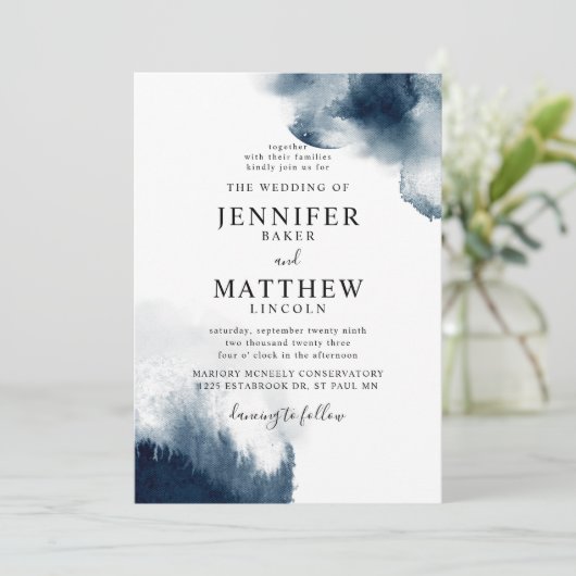 Moody Navy Blue Waterverf Wedding Kaart (Staand voorkant)