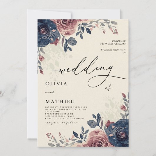 Moody Navy Dusty Roos Floral Wedding Kaart (Voorkant)