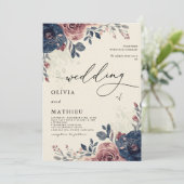 Moody Navy Dusty Roos Floral Wedding Kaart (Staand voorkant)