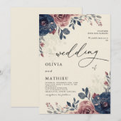 Moody Navy Dusty Roos Floral Wedding Kaart (Voorkant / Achterkant)