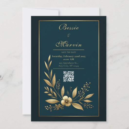 Moody Navy Gold Botanical Wedding Kaart (Voorkant)