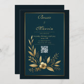 Moody Navy Gold Botanical Wedding Kaart (Voorkant / Achterkant)