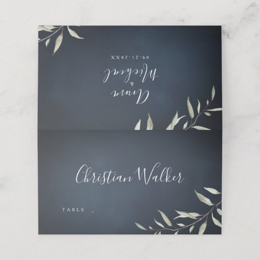 moody navy miniem botanisch groen huwelijk plaatskaartje (Buitenkant ongevouwen)