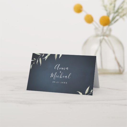 moody navy miniem botanisch groen huwelijk plaatskaartje (Achterkant)