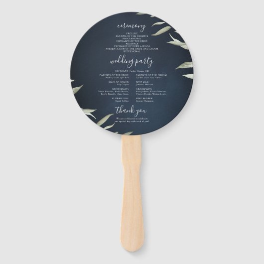 Moody navy miniem groen huwelijksprogramma handwaaier (Achterkant)