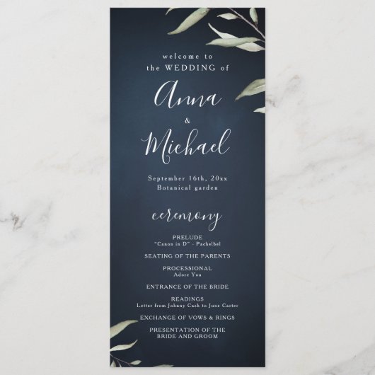 Moody navy miniem groen huwelijksprogramma menu (Voorkant)