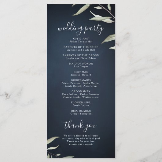 Moody navy miniem groen huwelijksprogramma menu (Achterkant)