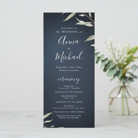 Moody navy miniem groen huwelijksprogramma menu (Staand voorkant)