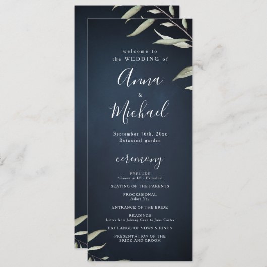 Moody navy miniem groen huwelijksprogramma menu (Voorkant / Achterkant)