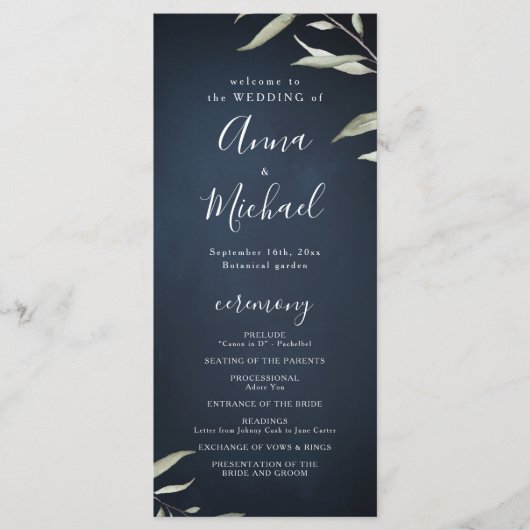 Moody navy miniem groen huwelijksprogramma menu (Voorkant)