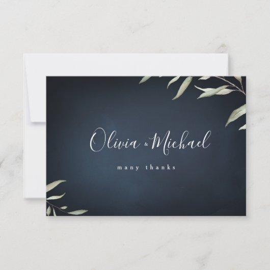 Moody navy minimale botanische bruinbruiloft bedankkaart (Voorkant)