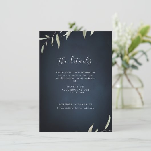 Moody navy minimale botanische bruinbruiloft informatiekaartje (Staand voorkant)