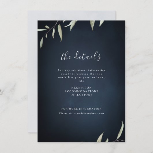 Moody navy minimale botanische bruinbruiloft informatiekaartje (Voorkant / Achterkant)