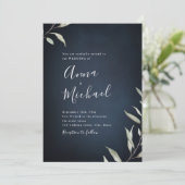 Moody navy minimale botanische bruinbruiloft kaart (Staand voorkant)