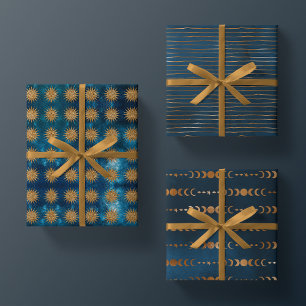 Moody Ocean Galaxy Metalic Goud Maanfase Mystic Inpakpapier Vel