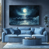 Moody Ocean Moonlight Scene met Golven Crashing Poster