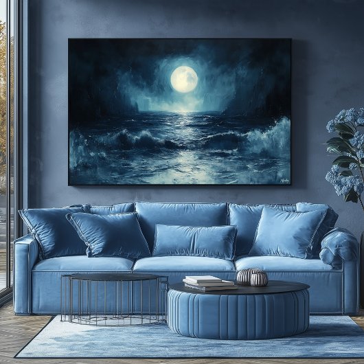Moody Ocean Moonlight Scene met Golven Crashing Poster