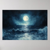 Moody Ocean Moonlight Scene met Golven Crashing Poster (Voorkant)