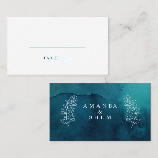 Moody Ocean Waterverf Flat Wedding Place Card Plaatskaartje (Voorkant / Achterkant)