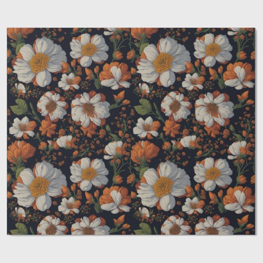 Moody oranje witte elegante retro bloemen cadeaupapier (Vlak)