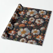 Moody oranje witte elegante retro bloemen cadeaupapier (Uitgerold)