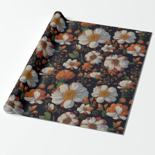 Moody oranje witte elegante retro bloemen cadeaupapier (Uitgerold)