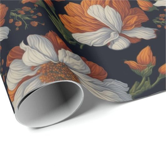Moody oranje witte elegante retro bloemen cadeaupapier (Rol Hoek)