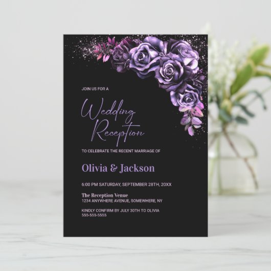 Moody Paarse Bloemen Bruiloft Receptie Kaart (Staand voorkant)