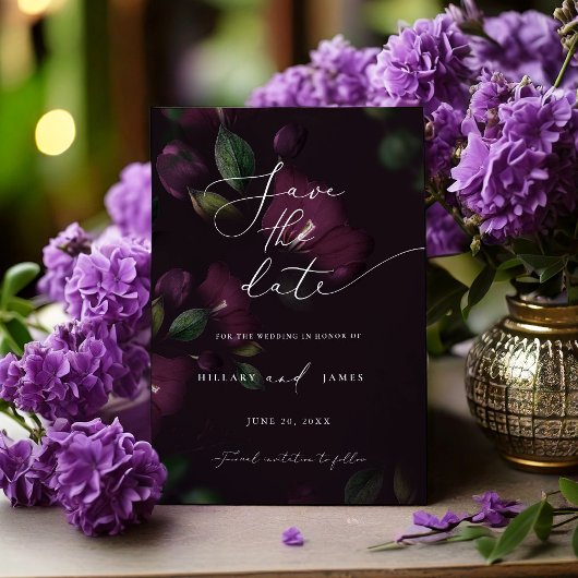 Moody Paarse Bloemen Calligraphy Save the date  Kaart