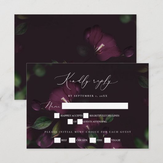 Moody Paarse Blooms Gothic Wedding RSVP Kaartje (Voorkant / Achterkant)
