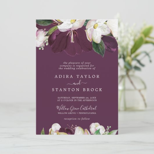 Moody Paarse Blooms | Plum Formal Wedding Kaart (Staand voorkant)