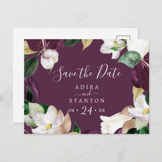 Moody Paarse Blooms | Plum Save the Date Briefkaar Uitnodiging Briefkaart (Voorkant / Achterkant)