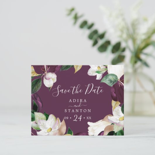 Moody Paarse Blooms | Plum Save the Date Briefkaar Uitnodiging Briefkaart (Staand voorkant)