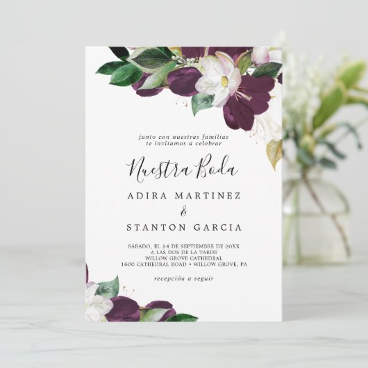 Moody Paarse Blooms Spain Nuestra Boda Kaart (Staand voorkant)