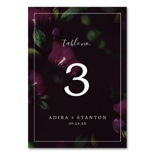 Moody Paarse Blooms | Tafelnummer zwart patroon (Voorkant)