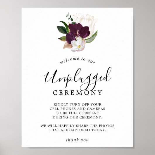 Moody Paarse Blooms Unplugged Ceremony Sign Poster (Voorkant)