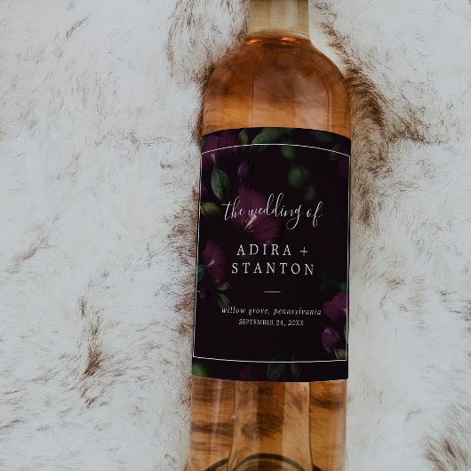 Moody Paarse Blooms | Zwarte Patroonbruiloft Wijn Etiket