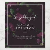 Moody Paarse Blooms | Zwarte Patroonbruiloft Wijn Etiket (Enkel label)